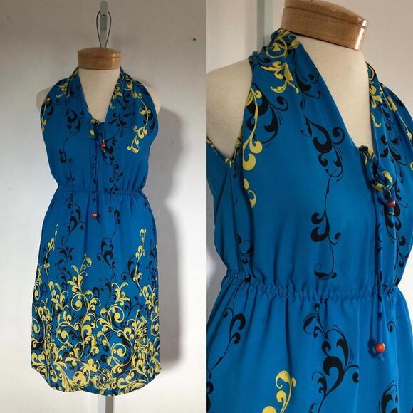 Vintage Blue Floral Sleeveless Dress, Elastic Waist, Beaded Ties